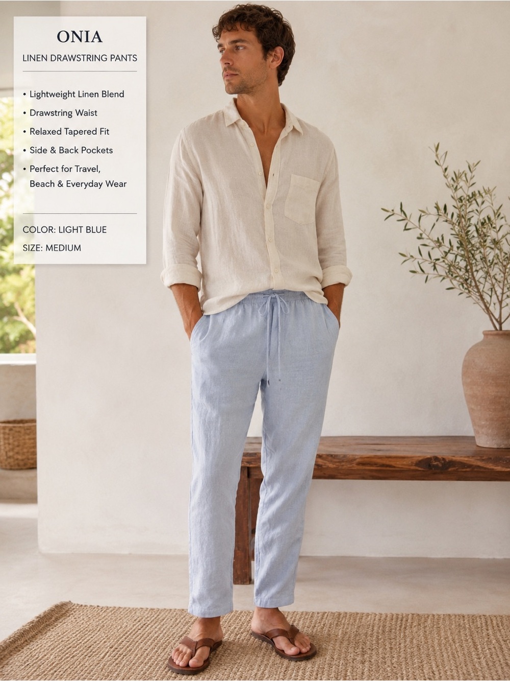 Onia Light Blue Linen Drawstring Pants Relaxed Tapered Resort Coastal Medium